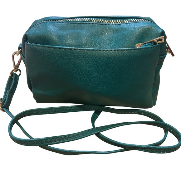 fashionpuzzle Handbags - Teal Faux Leather‎ Crossbody Bag Gold Tone Zipper Front Pocket Adjustable Strap